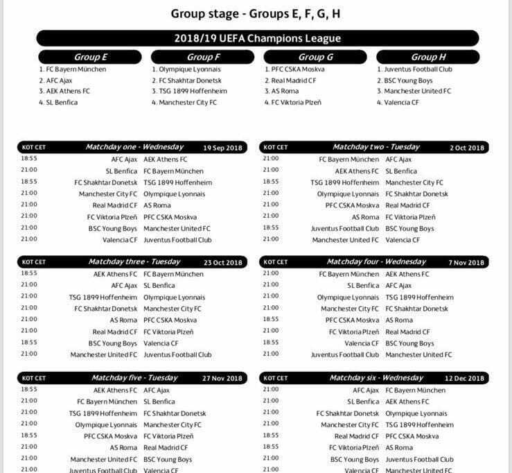 calendario champions league 2018-2019 completo gironi