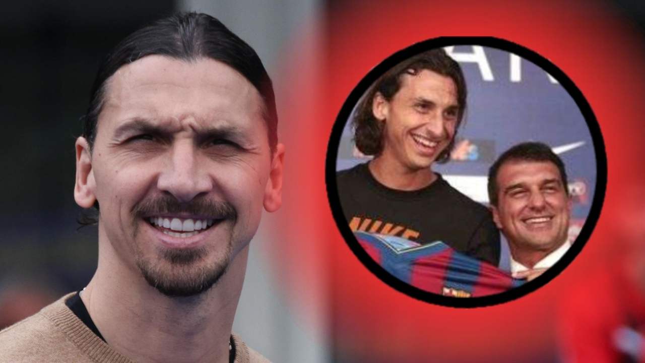 Zlatan Ibrahimovic in primo piano con una foto del suo passato al Barça - foto ANSA - JMania.it