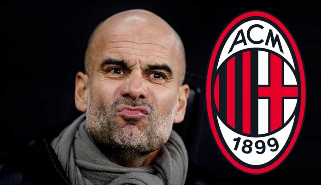 Pep Guardiola e il logo del Milan - Foto Lapresse - Jmania.it