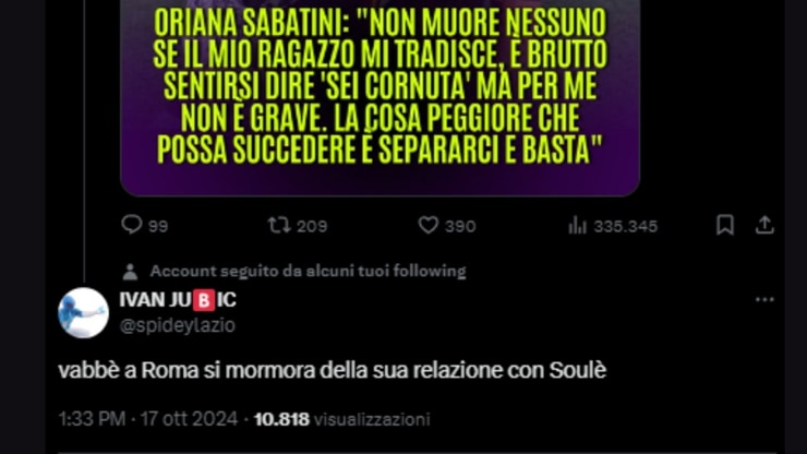 Le dichiarazioni di Oriana e il tweet di spideylazio - Fonte X - Jmania